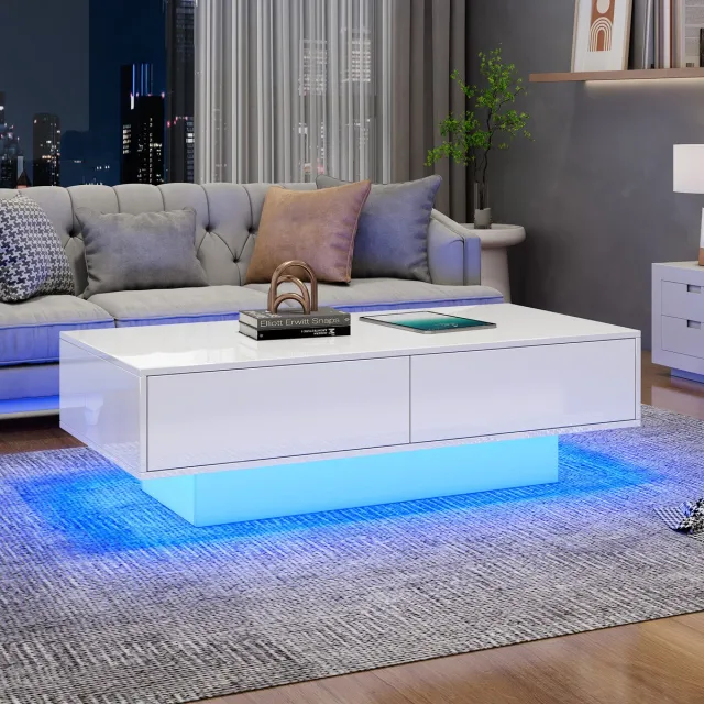 FloraGrace Salontafel - Hoogglans Met Led En 2 Lades - Voor Woonkamer En Opbergruimte - Spaanplaat - 115x55x34 Cm - Wit