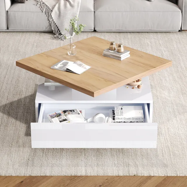 REDOM Salontafel - 360° Draaibaar Met Lade - Modern - Voor Woonkamer - Spaanplaat - Wit En Walnootkleur - 70 X 70 X 36 Cm Walnoot+Wit