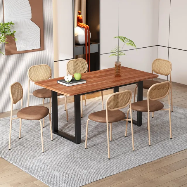 FloraGrace Eetkamerstoel – Natuurlijke Rotan Rugleuning – Set Van 6 – Kunstleren Zitting Met Metalen Poten – Voor Eetkamer Of Horeca – Bruin