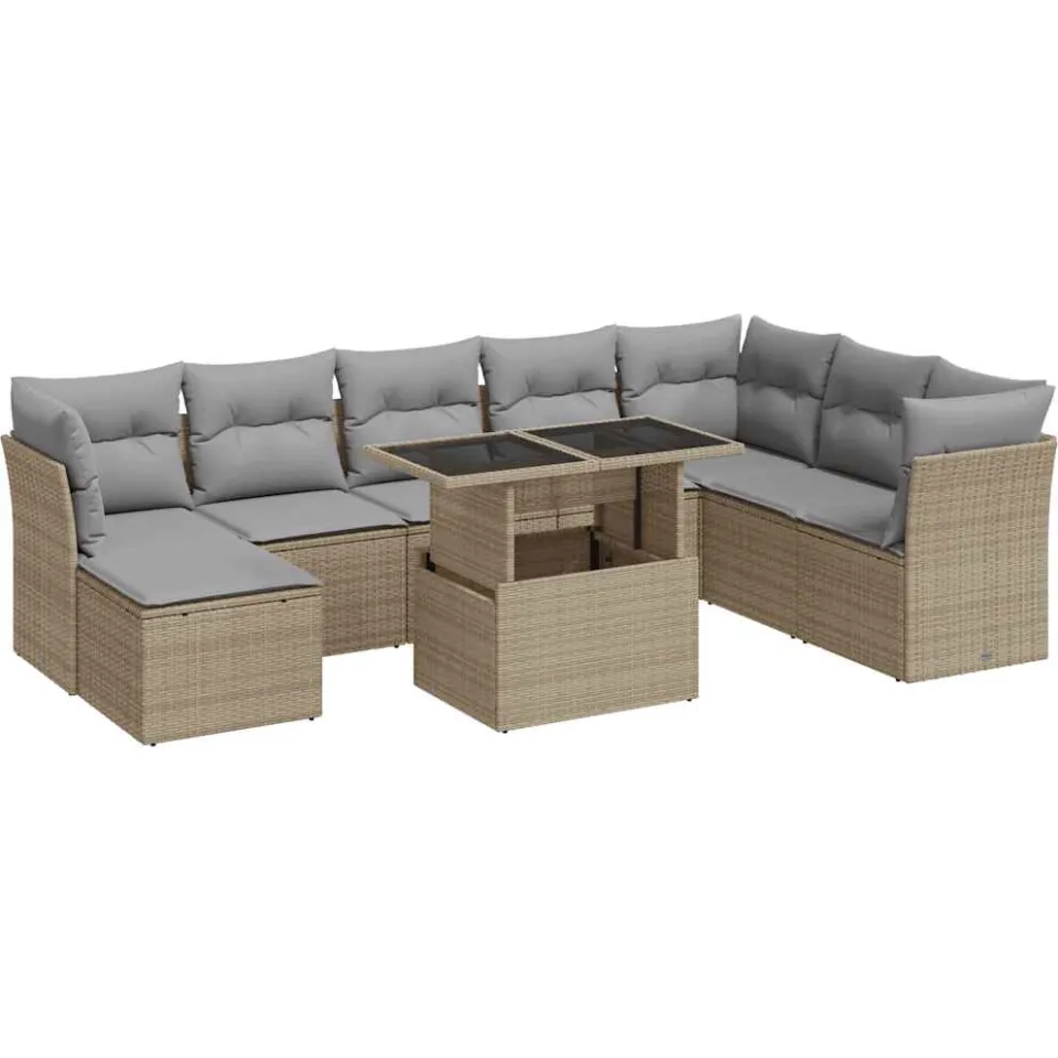 vidaXL 9-delige Loungeset met kussens poly rattan beige, foto 3