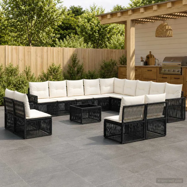vidaXL Tuinbankenset 14 st 13-zits Zwart en Cream Wit poly rattan, foto 2