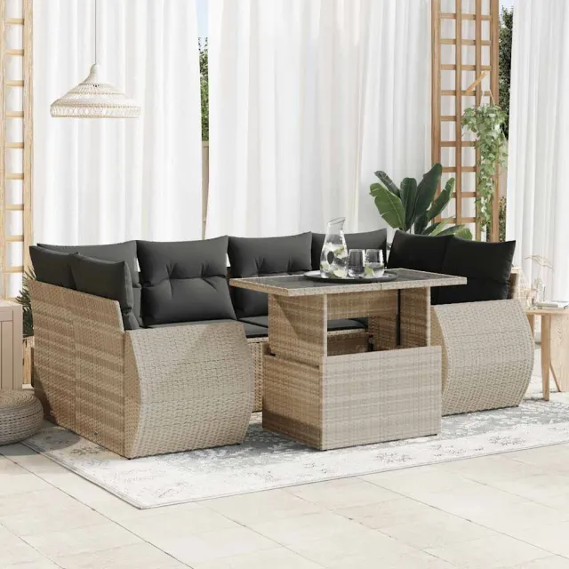 vidaXL 7-delige Loungeset met kussens poly rattan lichtgrijs