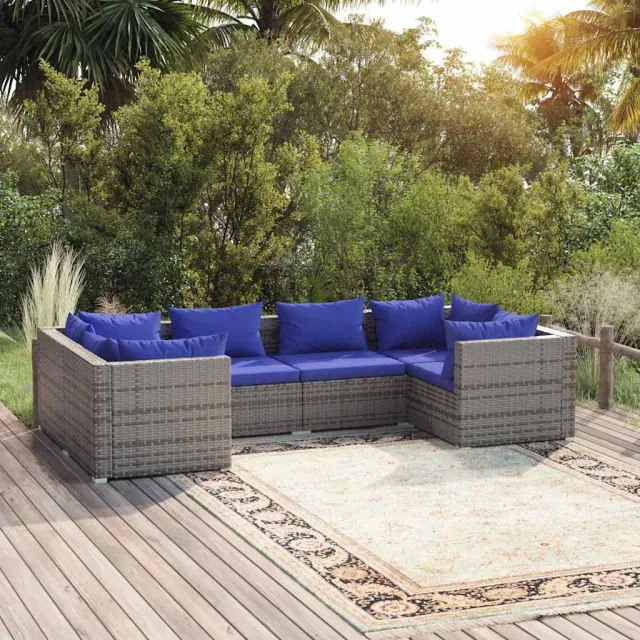 vidaXL 6-delige Loungeset met kussens poly rattan grijs, foto 2