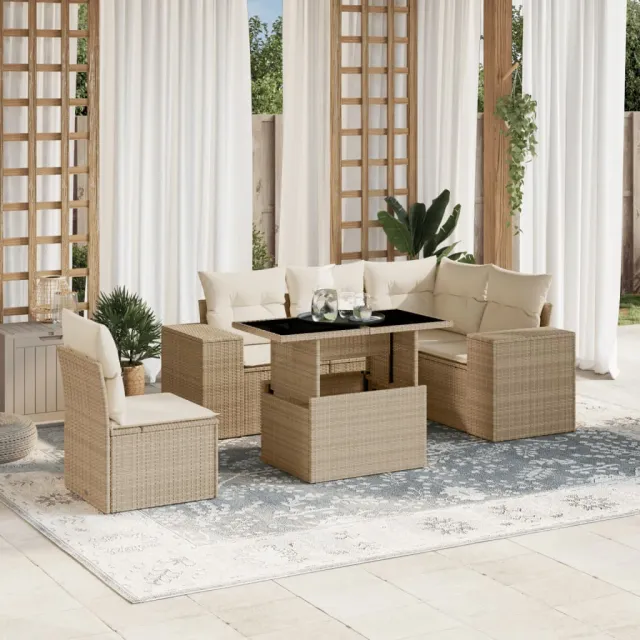 vidaXL 6-delige Loungeset met kussens poly rattan beige, foto 2