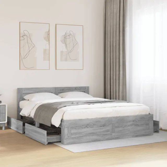 vidaXL Bedframe met hoofdeinde bewerkt hout grijs sonoma 160x200 cm