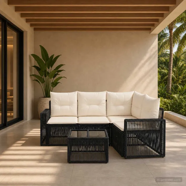 vidaXL Tuinbankenset 5 st 4-zits Zwart en Cream Wit poly rattan, foto 2