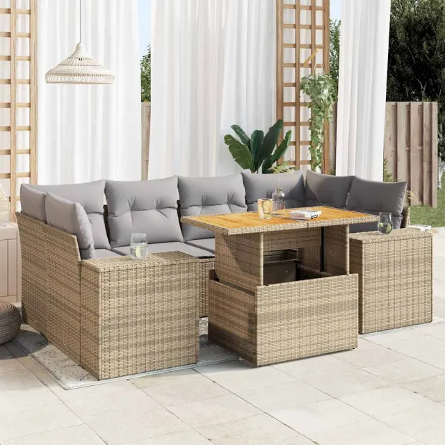 vidaXL 7-delige Loungeset met kussens poly rattan beige, foto 2
