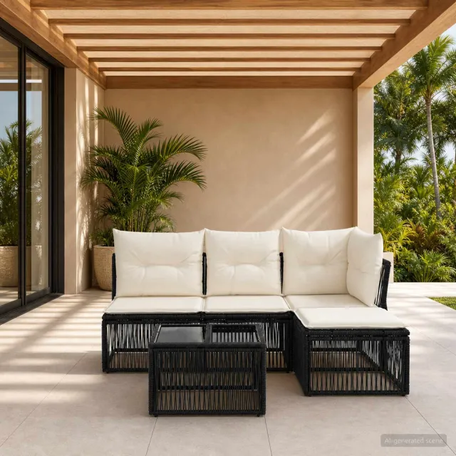 vidaXL Tuinbankenset 5 st Zwart poly rattan, foto 2