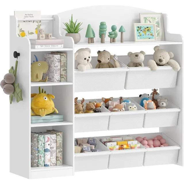 HILINSIE Kinderboekenplank, Houten Boekenplank, Speelgoedplank met 8 Non-woven Boxen, Geschikt voor Kinderkamer, Woonkamer, Studeerkamer Wit 30 x 110 x 104 cm Van hout, met 8 stoffen dozen, voor kinderkamer, woonkamer, werkkamer