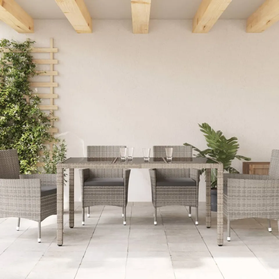 vidaXL Tuintafel met glazen blad 150x90x75 cm poly rattan grijs, foto 3