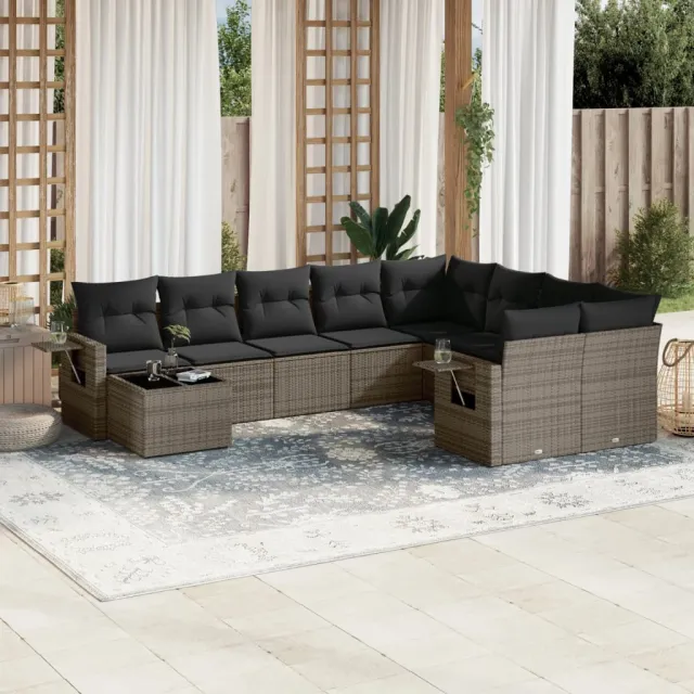 vidaXL 10-delige Loungeset met kussens poly rattan grijs, foto 2