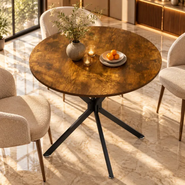 Mulder Living Ronde Eettafel - Keukentafel - Ø90 cm - Houtlook Tafelblad - X-vormige tafelpoten - Met metalen poten - Keukentafel voor 1 tot 4 Personen - Stevig en duurzaam - Ruimtebesparende - Bruin / Zwart