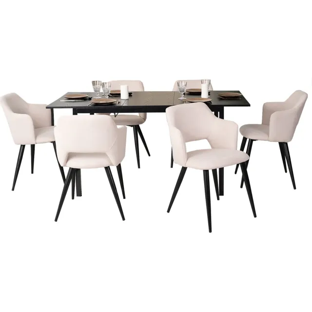 MEUBLE COSY Eetkamerset - 7-delig Uitschuifbare tafel - Zwart en lightbeige