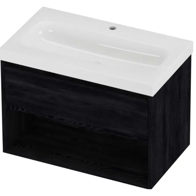 Proline Haga Badmeubelset Polystone Mezza 1 Kraangat Met Schap 80x46x58 cm Glans Wit Black Oak Eiken