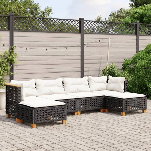 vidaXL 6-delige Loungeset met kussens poly rattan zwart, foto 2