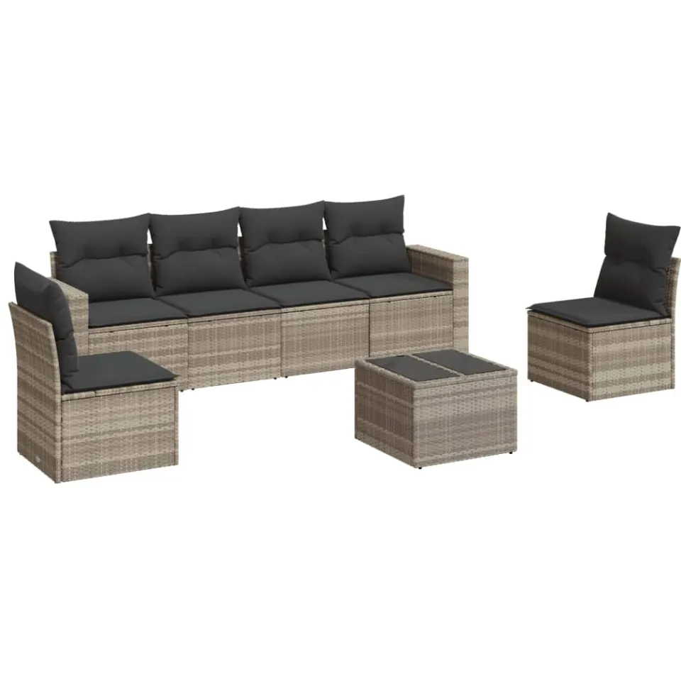 vidaXL 7-delige Loungeset met kussens poly rattan lichtgrijs grijs
