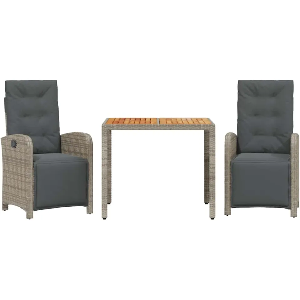 vidaXL 3-delige Bistroset met kussens poly rattan grijs, foto 3
