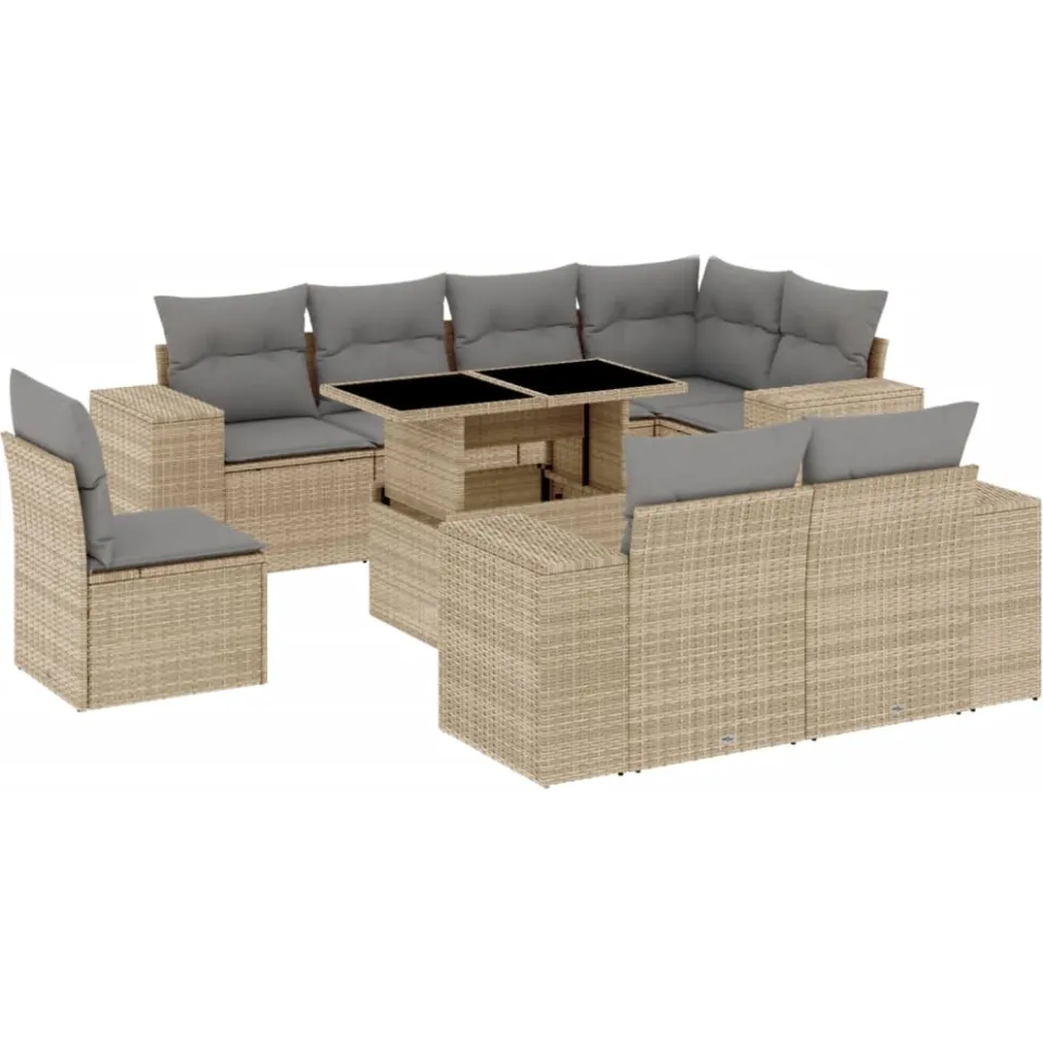 vidaXL 9-delige Loungeset met kussens poly rattan beige, foto 3