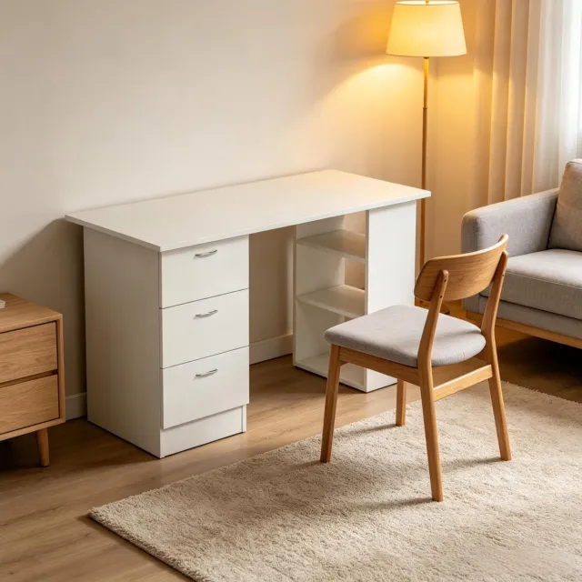 MODENUIT Computerbureau 120 x 49 x 72 cm - 3 Laden en 3 Open Vakken - Voor Kantoor en Slaapkamer - MDF Wit