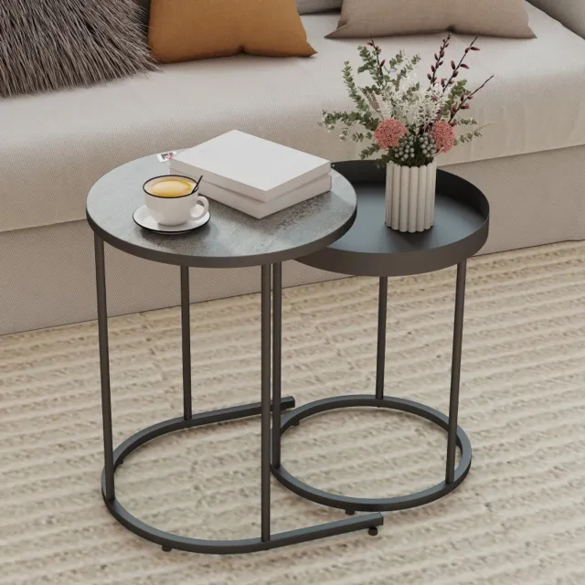 WUVRIE 2-delige salontafelset - Ronde nestingtafels met MDF en metaal - Grijs