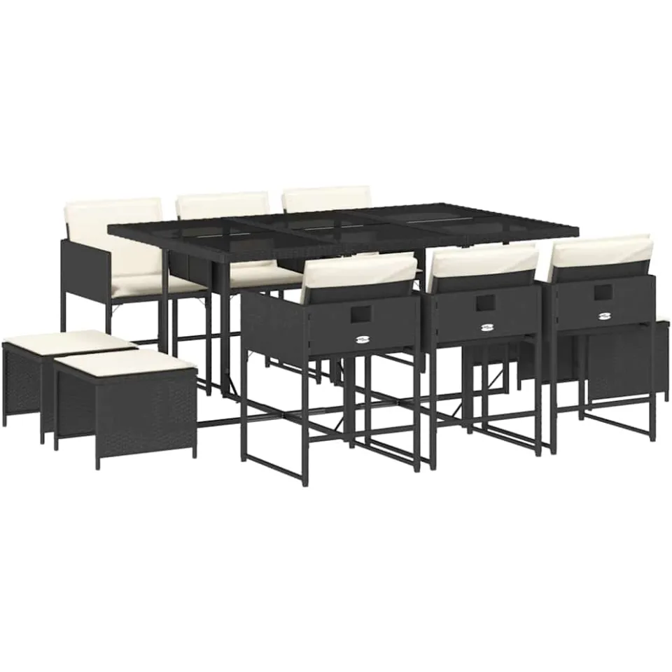 vidaXL 11-delige Tuinset met kussens poly rattan zwart