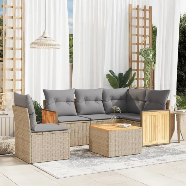 vidaXL 6-delige Loungeset met kussens poly rattan beige, foto 2
