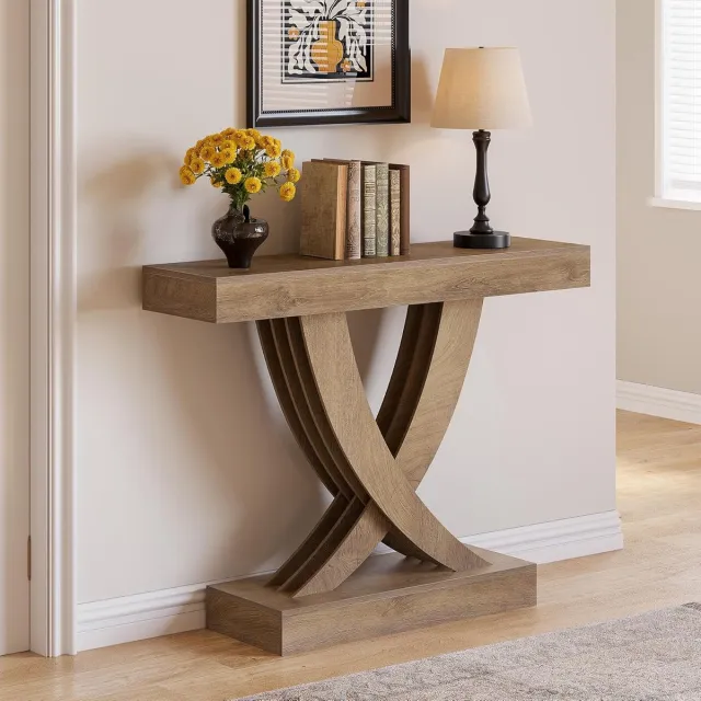 House&Garde Consoletafel smal industrieel 110x30x85 cm – House&Garden Haltafel van houtlook MDF – Rustieke X-frame Bijzettafel voor hal, entree, woonkamer en achter bank – Stabiele decoratieve gangtafel bruin