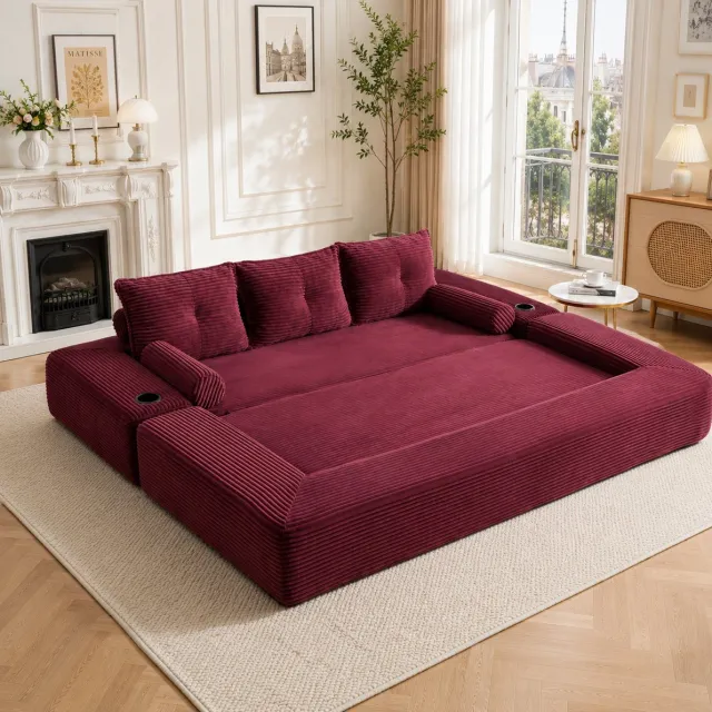COVREO Slaapbank 3-zits met zijvakken – 232x98x80 cm – Uitklapbare sofa met bekerhouder – Zitmeubel met memory-kussens – Wijnrood