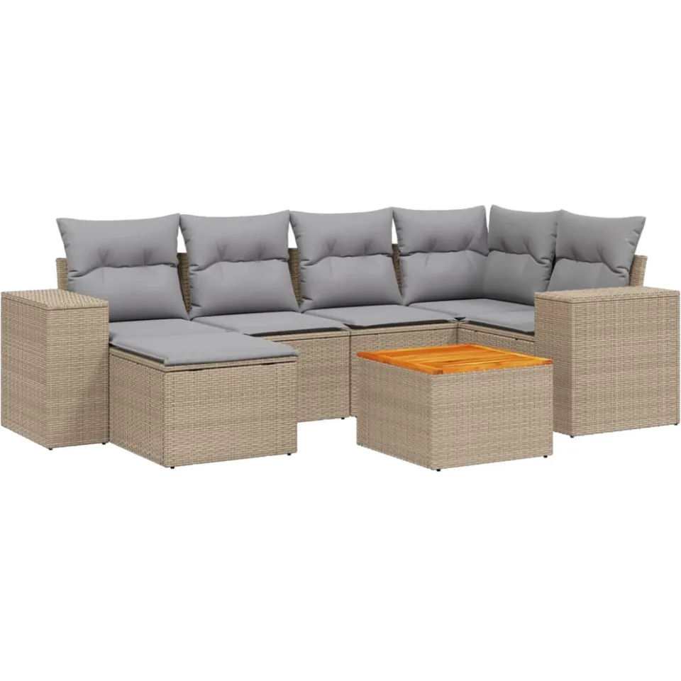 vidaXL 7-delige Loungeset met kussens poly rattan beige, foto 3