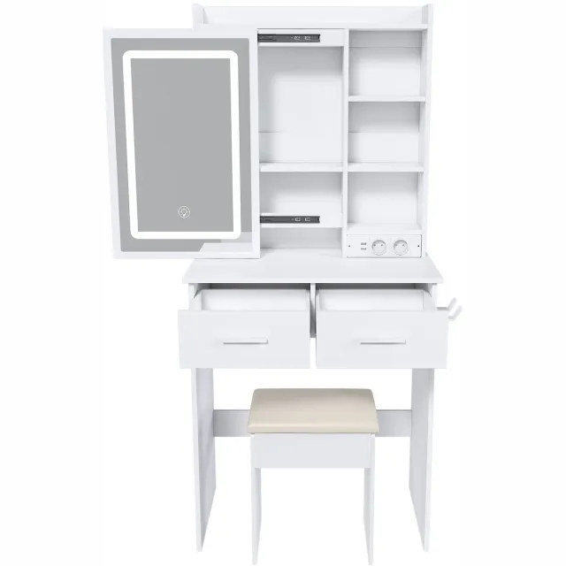 YYchan kaptafel - wit - 60 x 36 x 136 cm - met opbergruimte - met LED-verlichting - met stopcontact