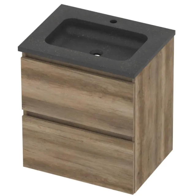 Basic-Line Rocky 46 Badmeubelset Hardsteen 1 Kraangat Greeploos 60x46x62 cm Scotch Oak Blue Stone Grijs