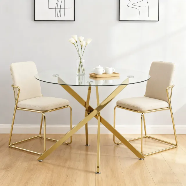 REDOM Ronde Eettafel 80 cm – Moderne Glazen Tafel met Gouden Kruispoot – Ruimtebesparend Design voor Eetkamer en Woonkamer – Glas & Metaal