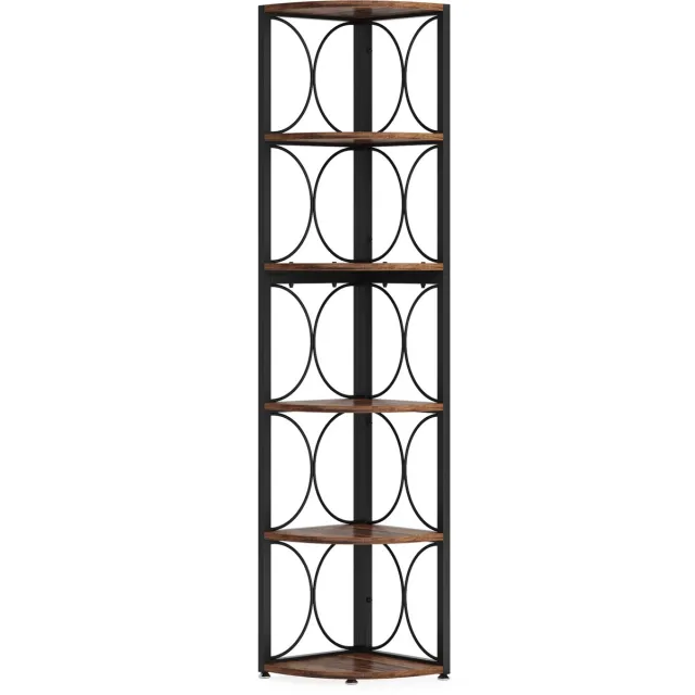 Pugsdrly Hoekrek van 170,2 cm hoog, 6 niveaus, rustiek hoekrek, boekenrek, opbergrek, staand rek voor woonkamer, kleine kamer Bruin