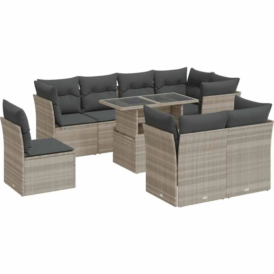 vidaXL 9-delige Loungeset met kussens poly rattan lichtgrijs grijs, foto 3