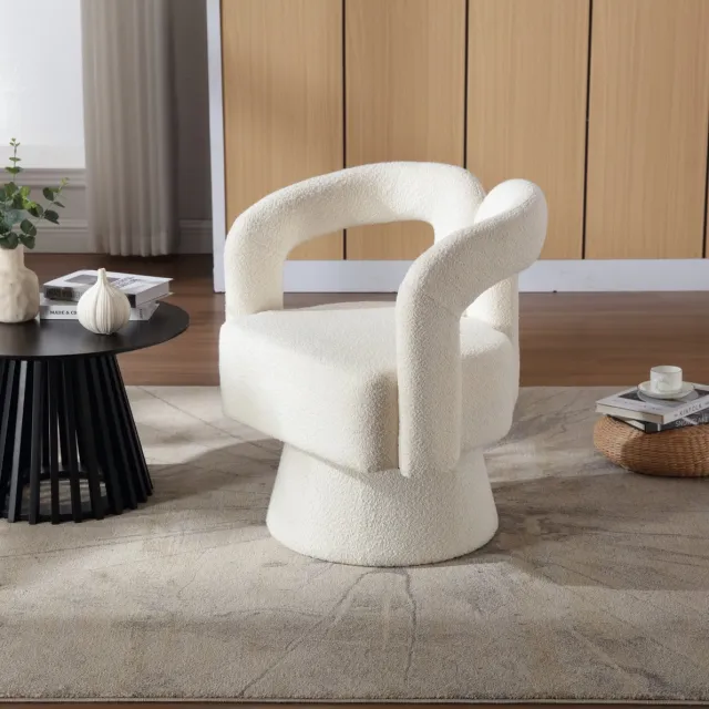 MEUNIQ Draaibare fauteuil 360 graden, bouclé stof, gestoffeerde zitting met armleuningen, 67 x 55 x 74 cm, beige, voor woonkamer of slaapkamer