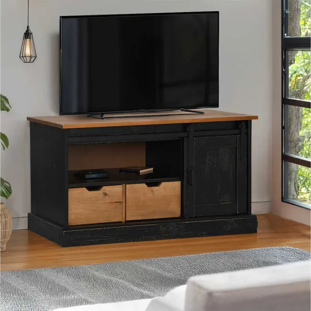 vidaXL Tv-meubel HALDEN met schuifdeur zwart 110x40x60 cm massief hout, foto 2