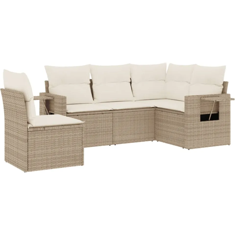 vidaXL 5-delige Loungeset met kussens poly rattan beige, foto 3