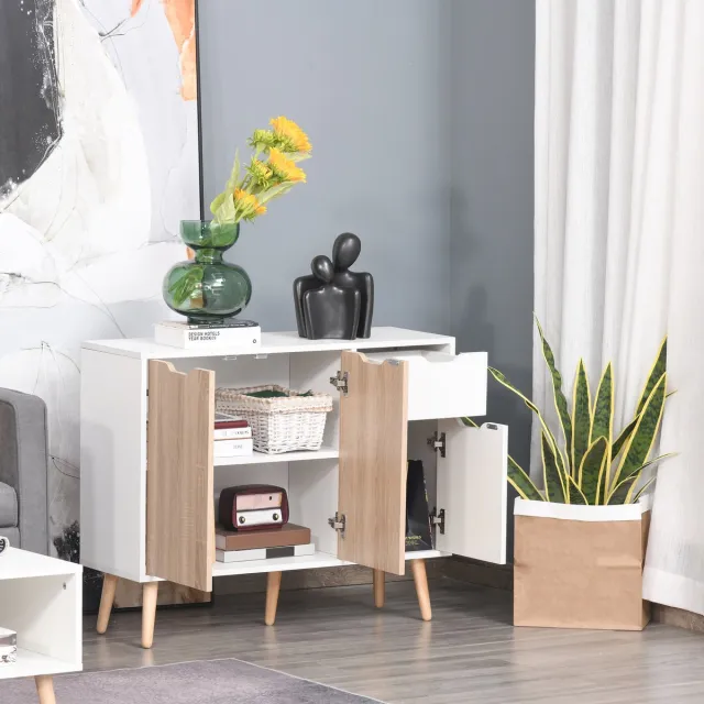 AURA LUMEN Buffetkast-Buffet Scandinavisch Design met 2 Kasten en Uitziegbakje-Wit en Licht Eiken