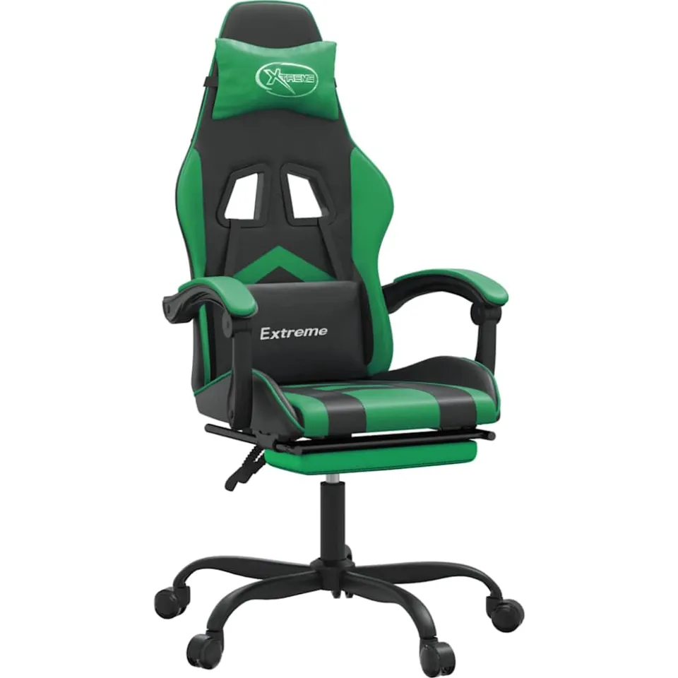 vidaXL Gamestoel draaibaar met voetensteun kunstleer zwart en groen, foto 3