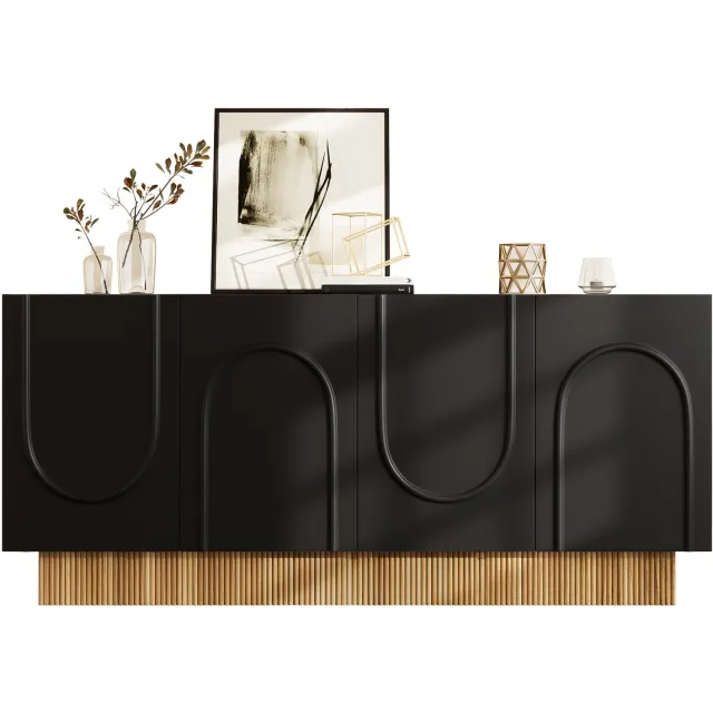 Ropilly Dressoir - 160 cm breed, 38 cm diep en 75 cm hoog - 4 deuren en 4 opbergvakken - mat zwart met houtlook details - woonkamer en eetkamer Zwart met houtkleur