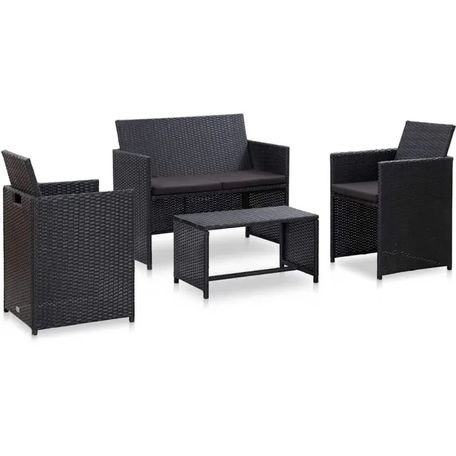 vidaXL 4-delige Loungeset met kussens poly rattan zwart