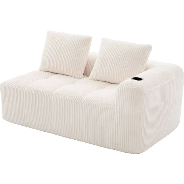 REDOM 2-zits bank 158*93*61CM van corduroy stof, met zijvakken en bekerhouder, losse rugkussens Beige