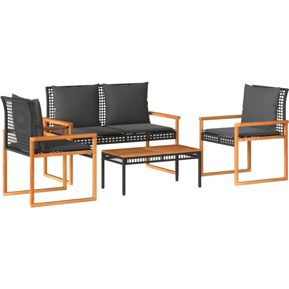 vidaXL 4-delige Loungeset met kussens poly rattan zwart