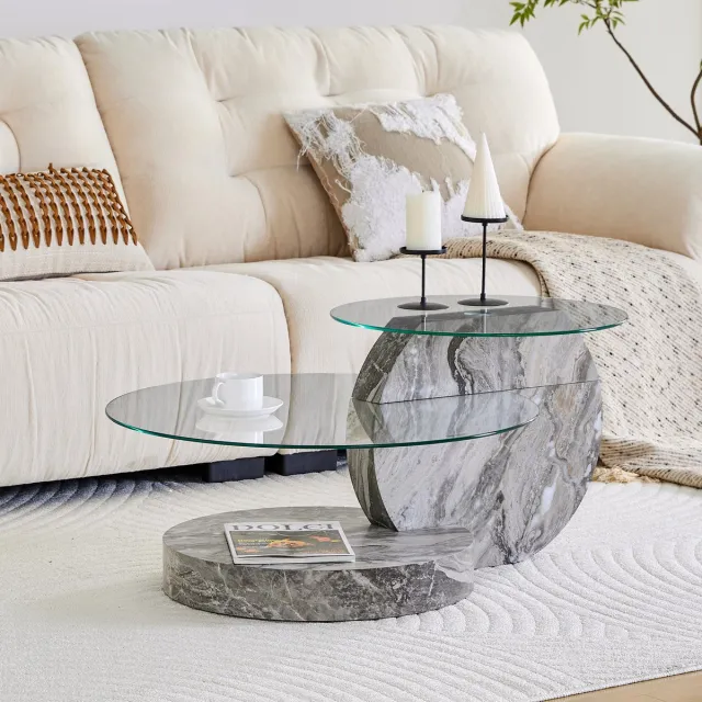 MEUNIQ Ronde salontafel 90 x 70 x 44 cm met veiligheidsglas, dubbel niveau en open opbergruimte, marmerlook MDF-onderstel voor woonkamer, grijs transparant