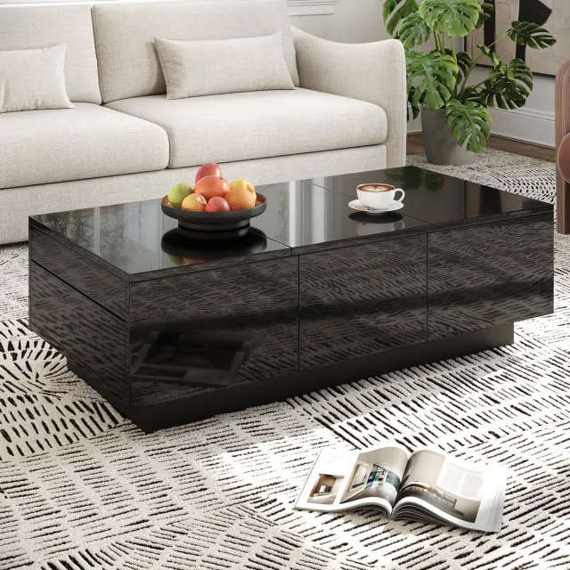 MEUNIQ Salontafel 100 x 31 x 50 cm met 2 lades, schuivende tafelbladen en verborgen opbergruimte – rechthoekige zwarte hoogglans woonkamertafel