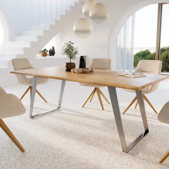 DELIFE Eetkamertafel Edge eiken natuur 200x100x2,5-3 roestvrij staal schuin Live-Edge Bruin