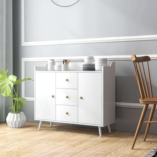AURA LUMEN Buffetkast-Buffet Moderne Blanc avec 2 Portes-3 Tiroirs et Pieds en Bois Massif-90 x 32 x 80 cm Wit