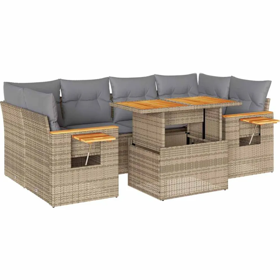 vidaXL 7-delige Loungeset met kussens poly rattan acacia beige, foto 3