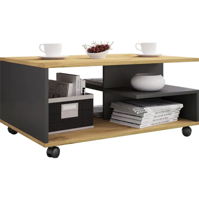 Vcm Houten salontafel Sofa-tafel Woonkamertafel Wielen Verrolbaar Salontafel Stango eik antraciet / honing