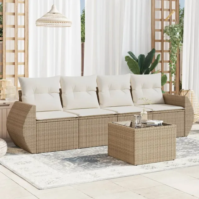 vidaXL 5-delige Loungeset met kussens poly rattan beige, foto 2